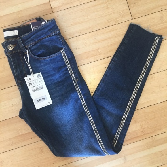 NWT { Zara } Skinny Jeans w/ Jewel Side Stripe - Picture 3 of 7